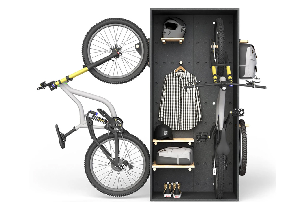 这种模块化的自行车存储解决方案是可定制的，适用于每一个城市公寓(图1)