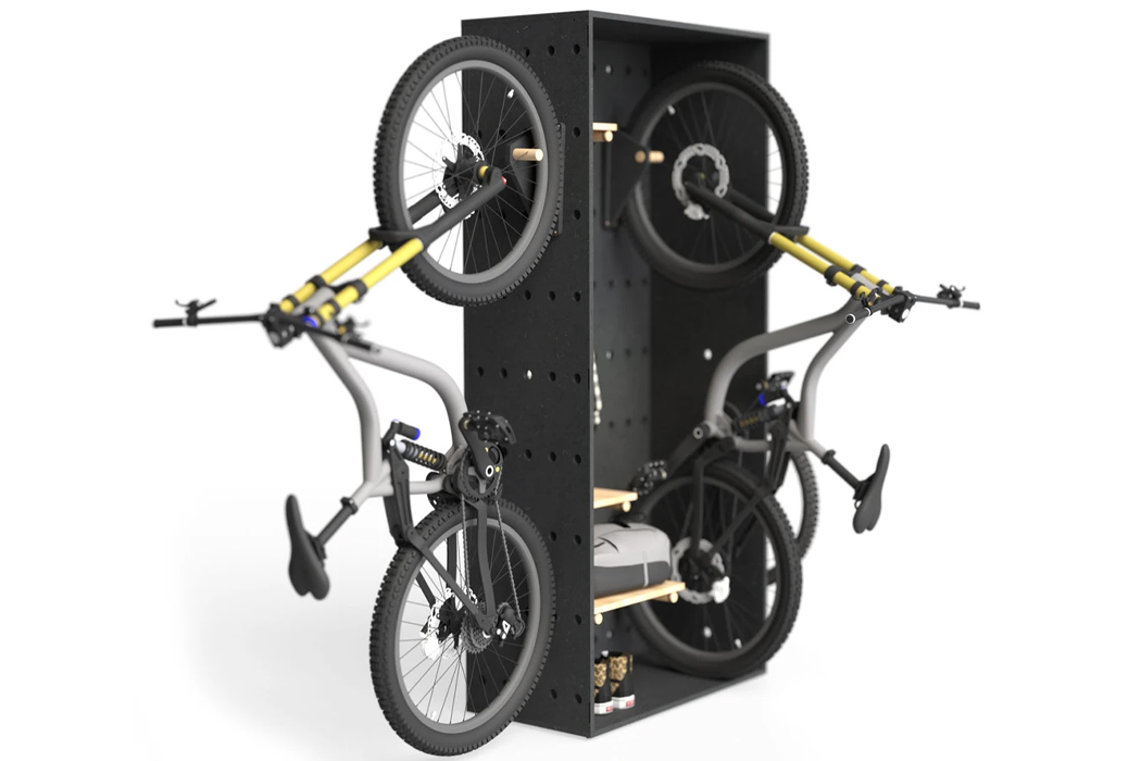 这种模块化的自行车存储解决方案是可定制的，适用于每一个城市公寓(图2)